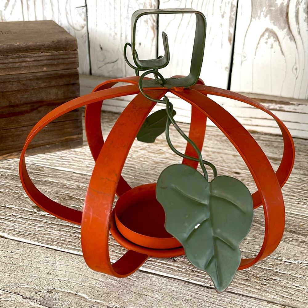 💙 Fall Pumpkin Candle Tea Light Holder Cage - Rustic Farmhouse Bent Metal